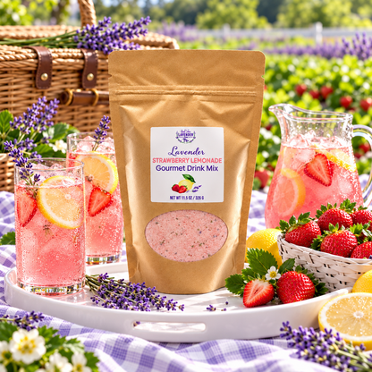 Lavender Strawberry Lemonade Gourmet Mix pouch on a picnic tray with lemonade glasses and strawberries