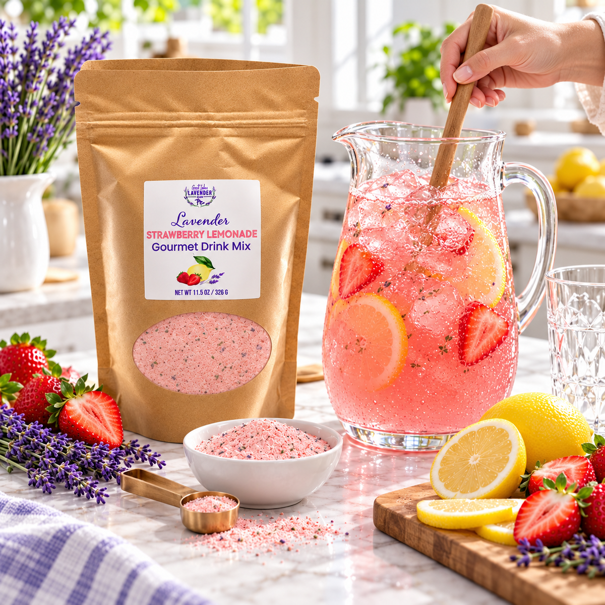Lavender Strawberry Lemonade Gourmet Mix pouch beside a pitcher of pink lemonade with strawberries