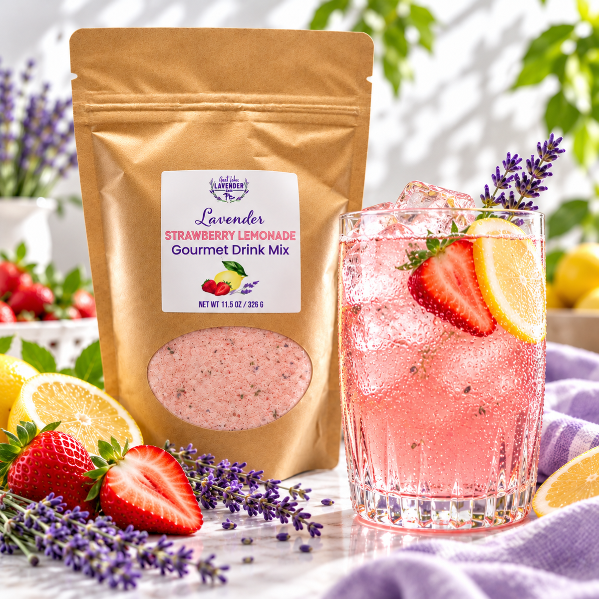 Lavender Strawberry Lemonade Gourmet Mix pouch beside a glass of iced strawberry lemonade