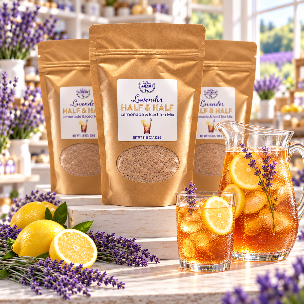 Three Lavender Half & Half Lemonade & Iced Tea Mix pouches beside a pitcher and glass of iced tea lemonade