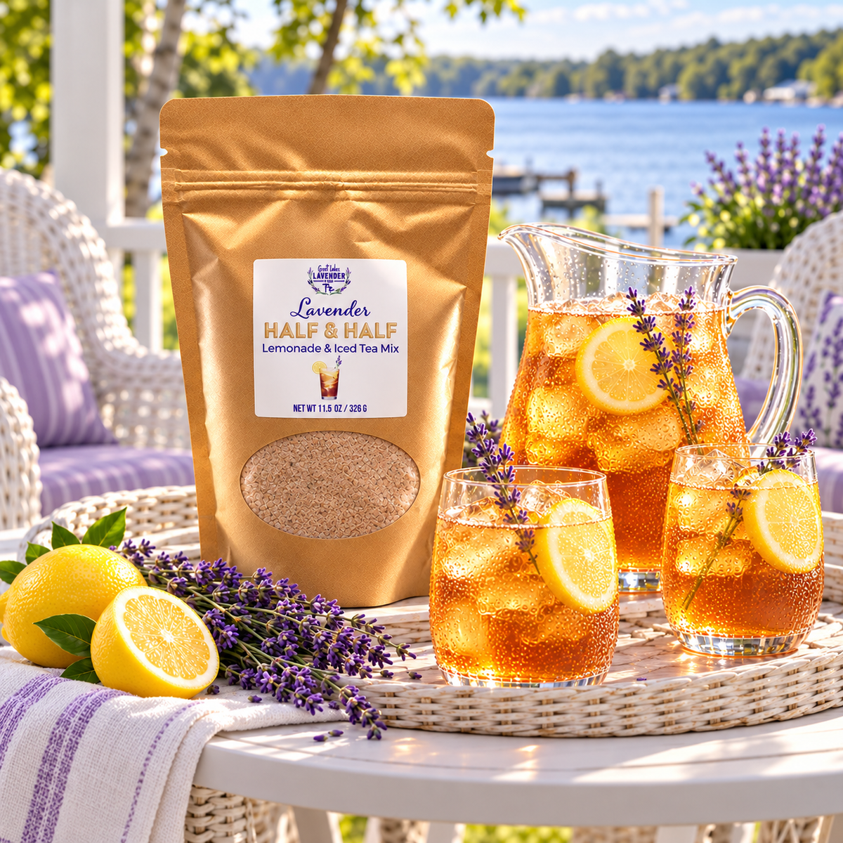 Lavender Half & Half Lemonade & Iced Tea Mix pouch with iced tea glasses and a pitcher on a lakeside porch