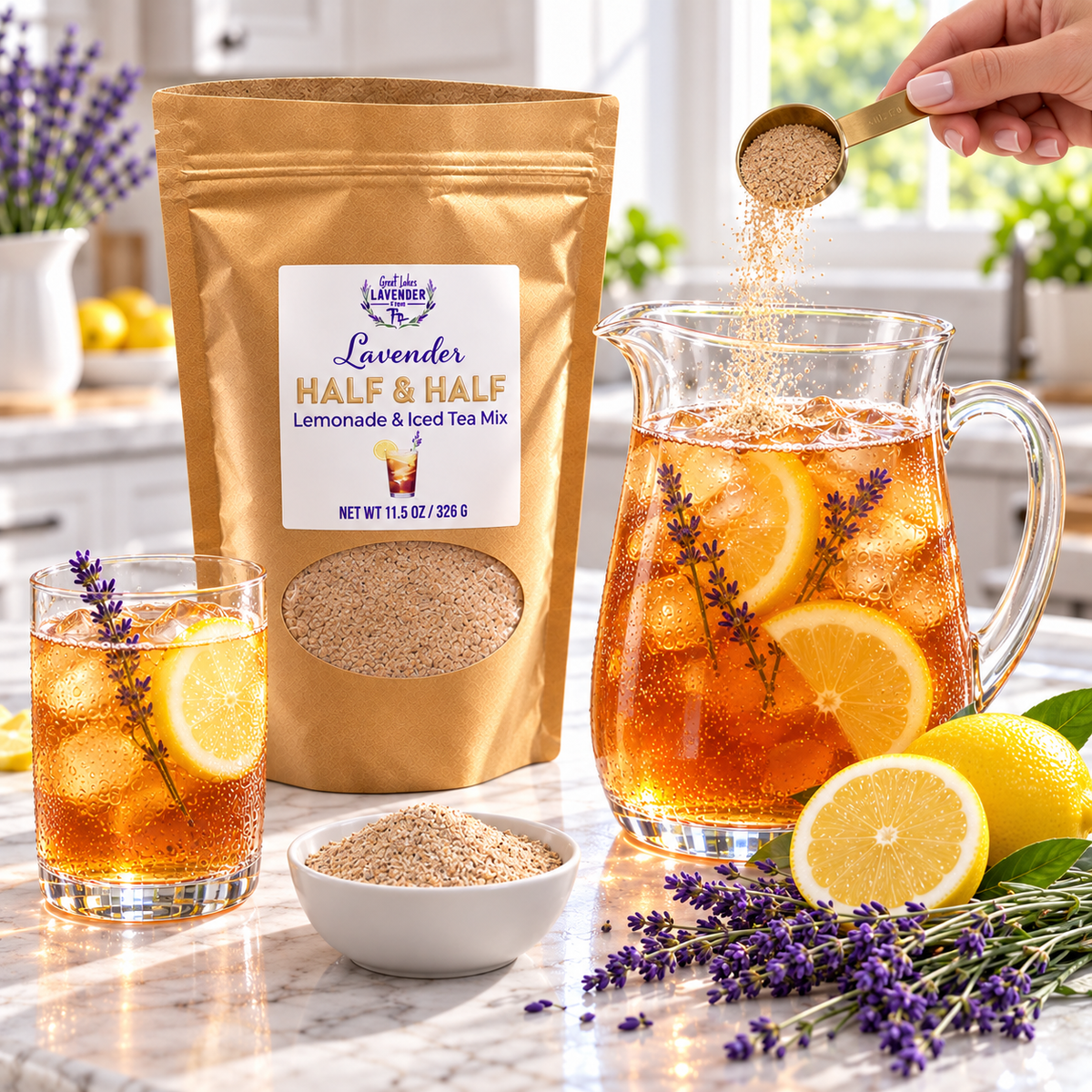 Hand adding a scoop of Lavender Half & Half Lemonade & Iced Tea Mix into a pitcher of iced tea