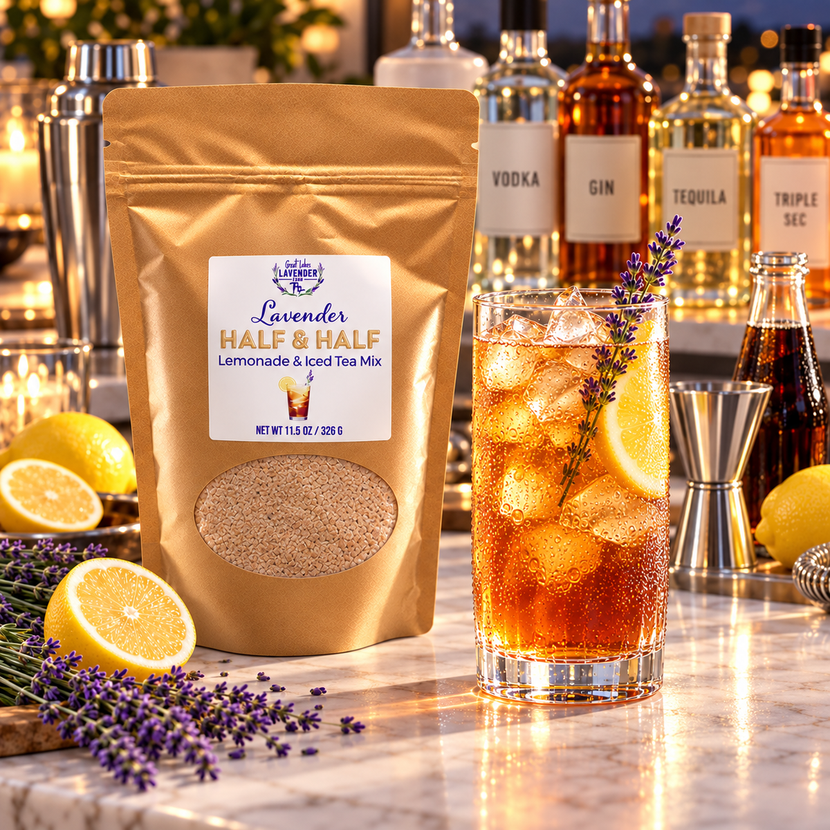 Lavender Half & Half Lemonade & Iced Tea Mix pouch beside a tall iced drink at a home bar with spirits