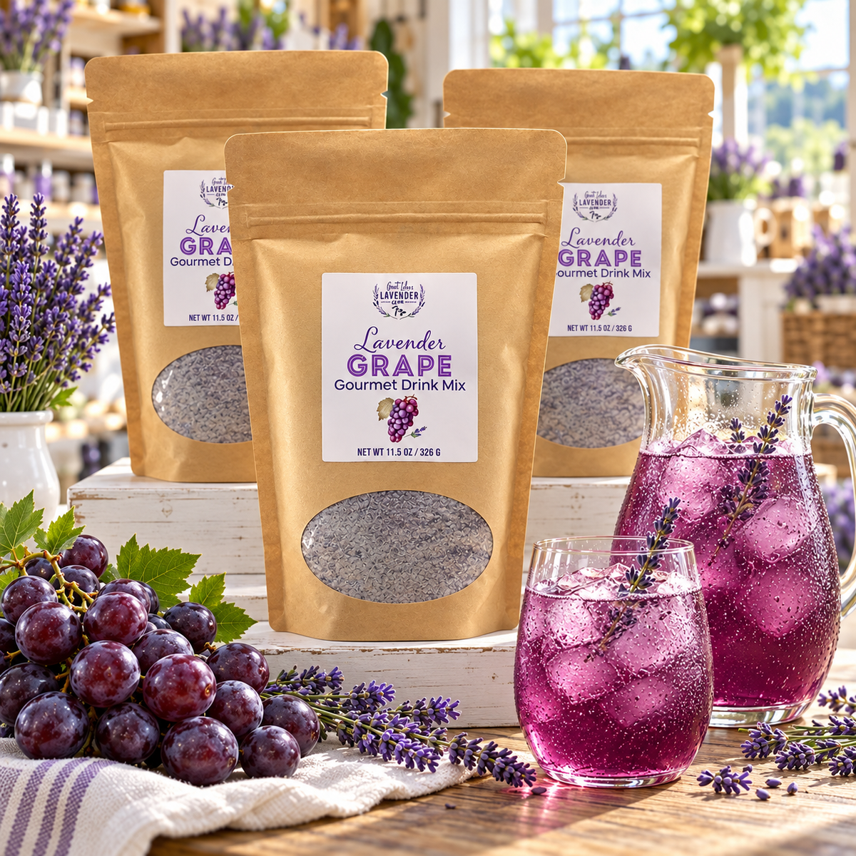 Three Lavender Grape Gourmet Drink Mix pouches beside a pitcher and glass of purple drink and grapes