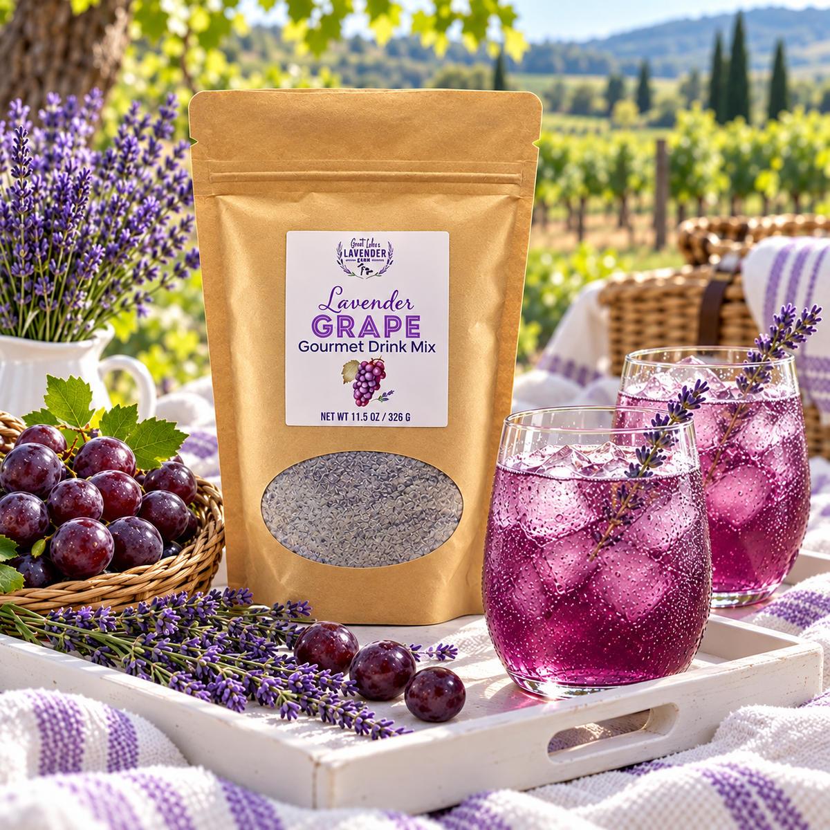 Lavender Grape Gourmet Drink Mix pouch on a tray with two glasses of grape drink near a vineyard