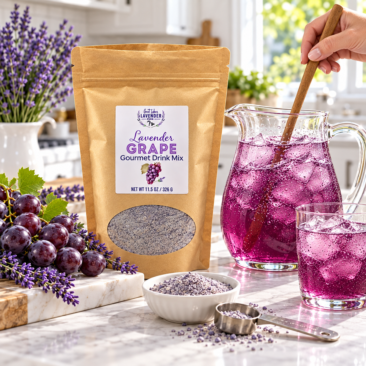 Lavender Grape Gourmet Drink Mix pouch beside a pitcher of purple drink being stirred and fresh grapes