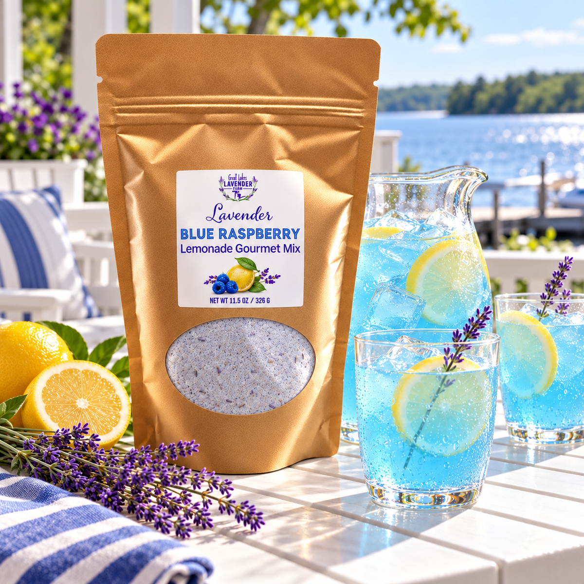 Lavender Blue Raspberry Lemonade Gourmet Mix pouch beside blue lemonade glasses on a lakeside patio