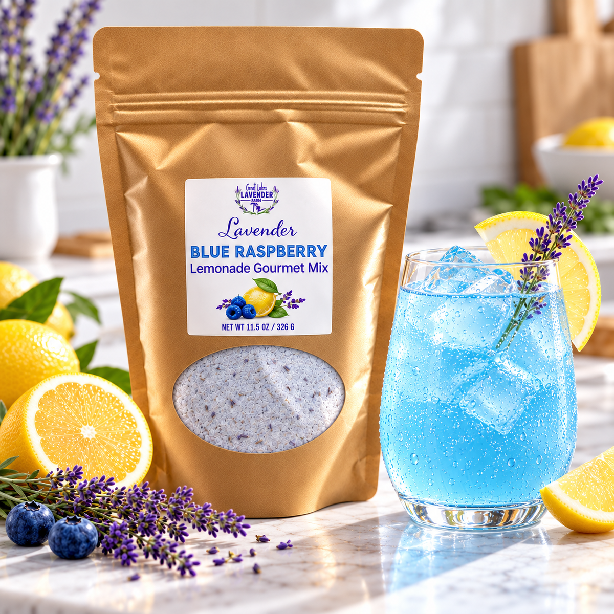 Lavender Blue Raspberry Lemonade Gourmet Mix pouch beside a tall glass of iced blue lemonade