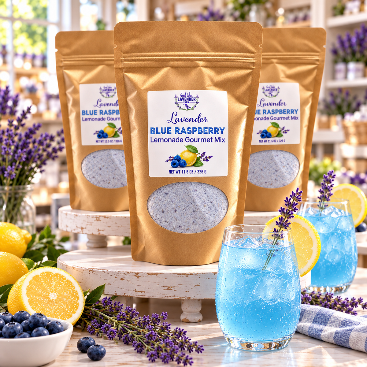 Three Lavender Blue Raspberry Lemonade Gourmet Mix pouches with glasses of blue lemonade and lemons