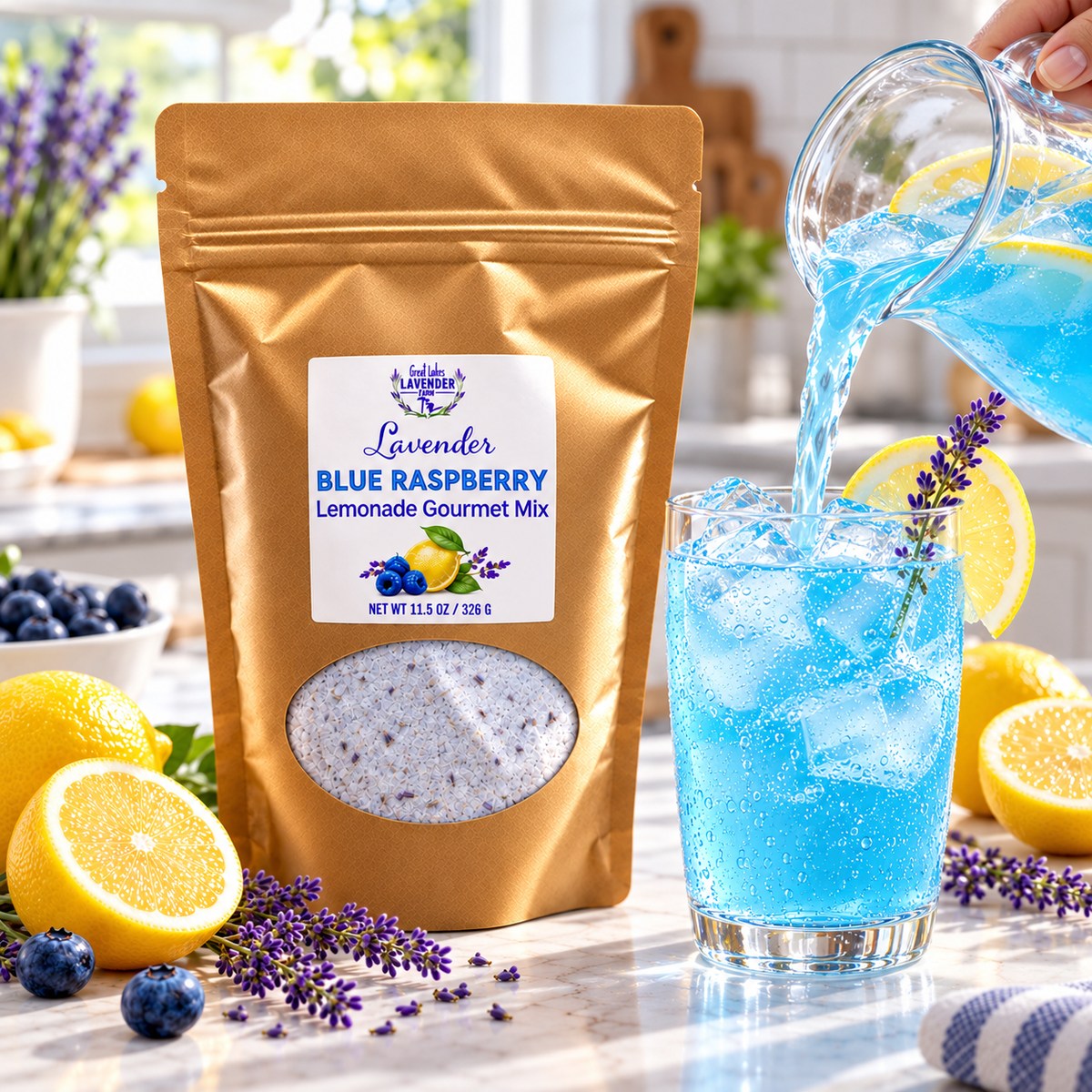 Blue drink poured into a glass beside a pouch of Lavender Blue Raspberry Lemonade Gourmet Mix
