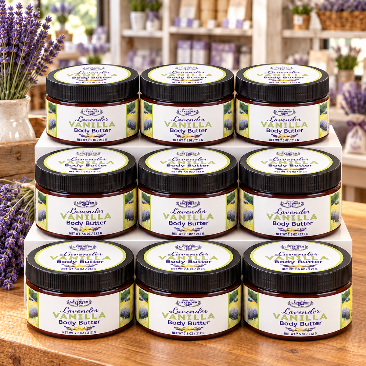 Lavender Vanilla Body Butter jars stacked in a pyramid display on a shop counter