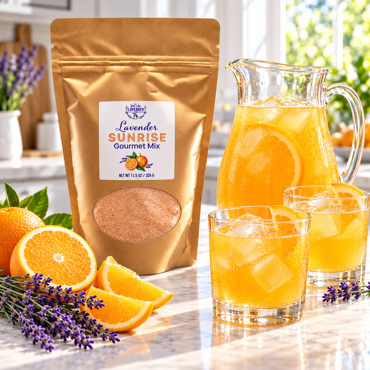Lavender Sunrise Gourmet Mix pouch beside a pitcher and glasses of orange drink with orange slices