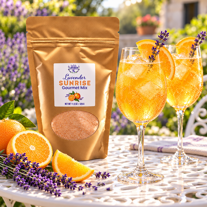 Lavender Sunrise Gourmet Mix pouch beside two glasses of orange drink with orange slices and lavender