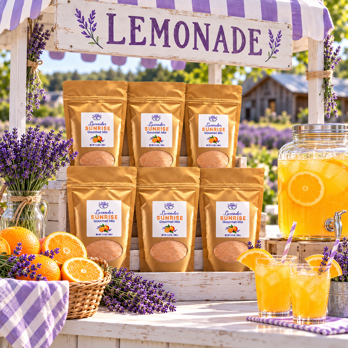 Six Lavender Sunrise Gourmet Mix pouches at a lemonade stand with a drink dispenser and oranges