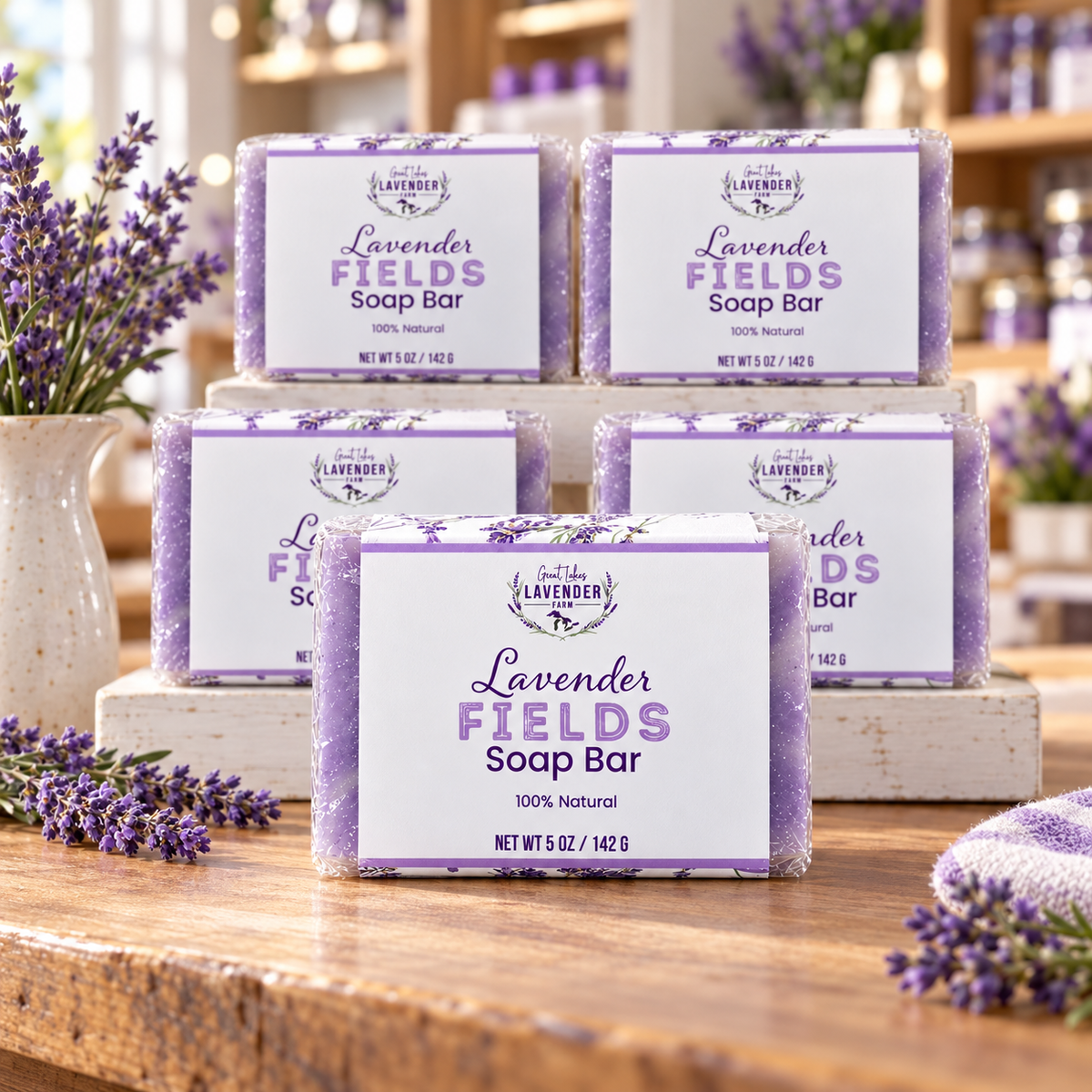 Lavender Fields Bar Soaps stacked in label wraps on a wooden display in a shop