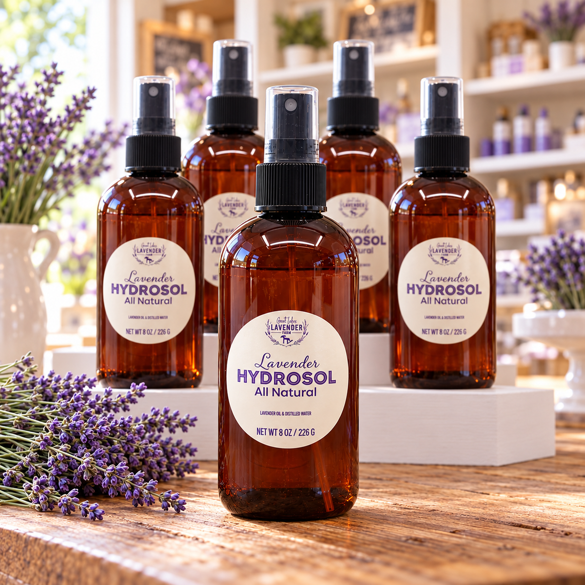 Five Lavender Hydrosol 8 oz spray bottles on wooden counter with lavender and store shelves background.
