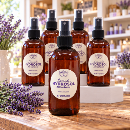 Five Lavender Hydrosol 8 oz spray bottles on wooden counter with lavender and store shelves background.