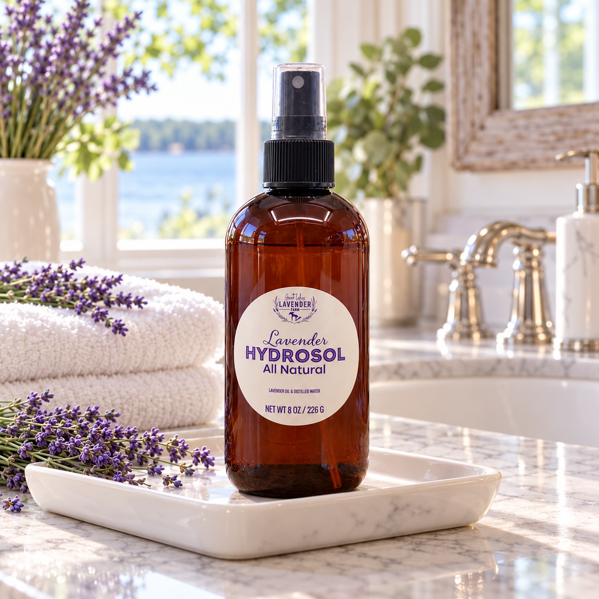 Lavender Hydrosol 8 oz spray bottle on marble tray with towels and lavender in bathroom by window.