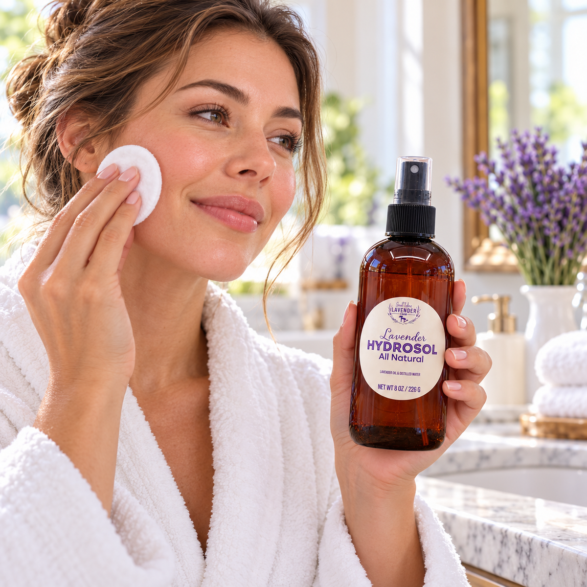 Woman in white robe using cotton pad with Lavender Hydrosol 8 oz spray bottle in bathroom setting.