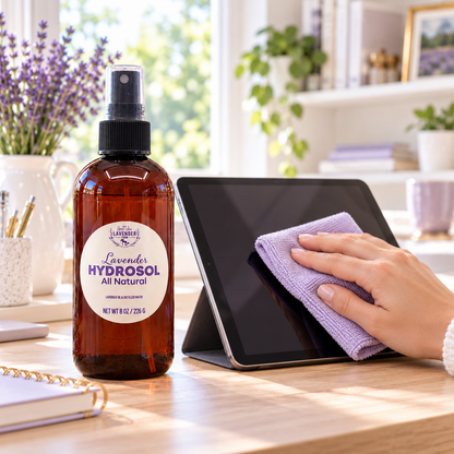 Lavender Hydrosol 8 oz spray bottle next to hand cleaning tablet screen with lavender and home items.