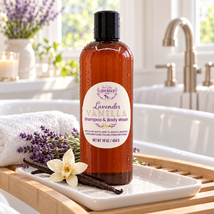 Lavender Vanilla Shampoo & Body Wash bottle with vanilla bean and lavender next to a window and bath.