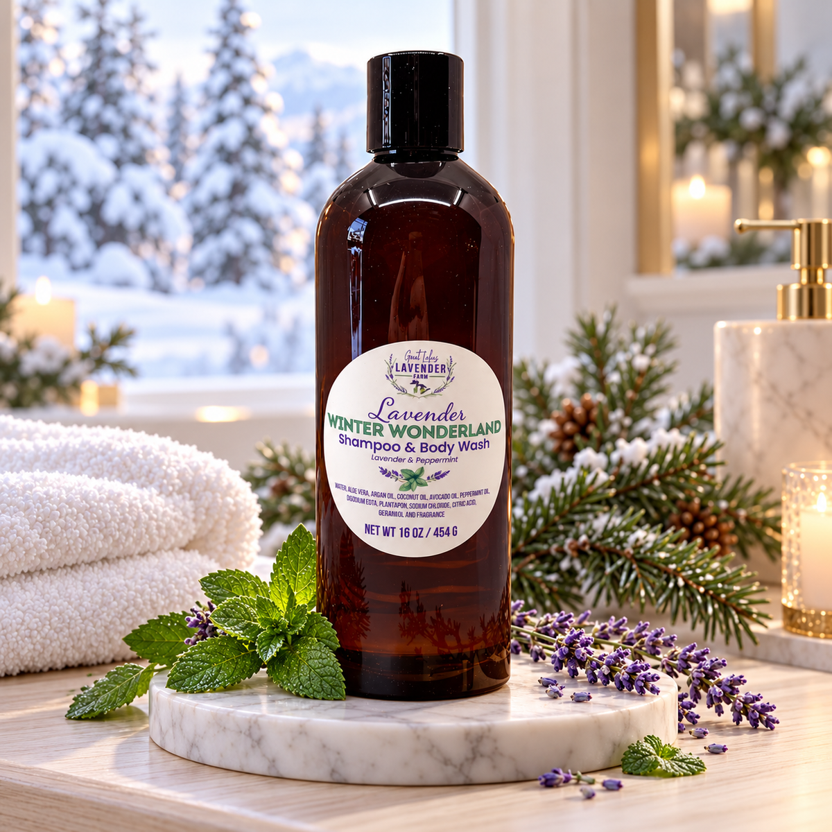 Lavender Winter Wonderland Shampoo and Body Wash displayed with lavender and mint on a marble slab near lit candles.
