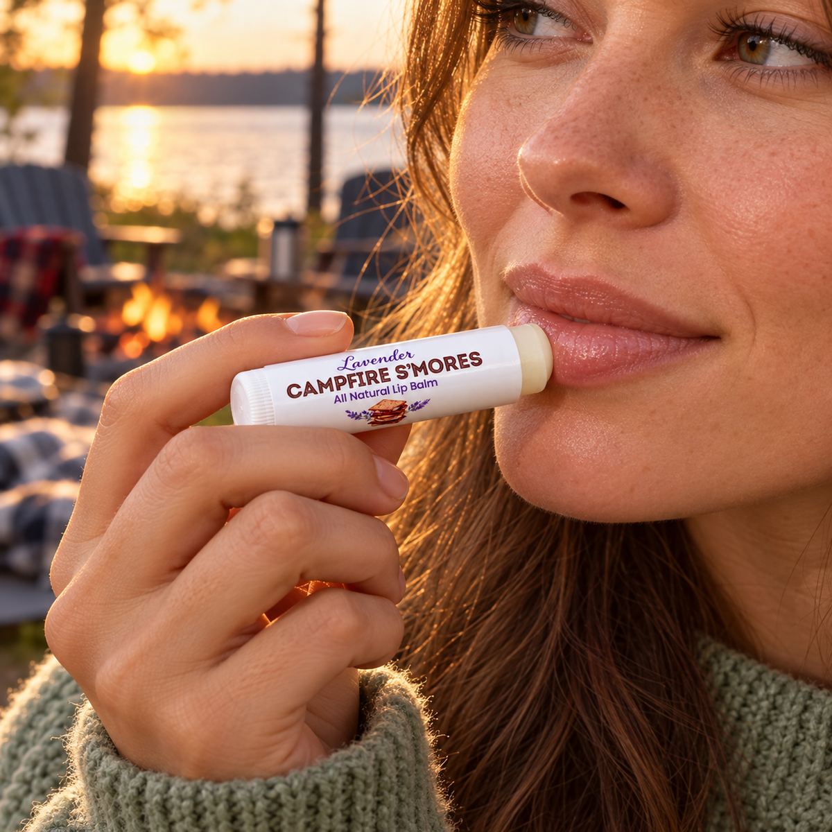 Woman applying Lavender Campfire S'mores Lip Balm while sitting outside near a campfire at sunset.
