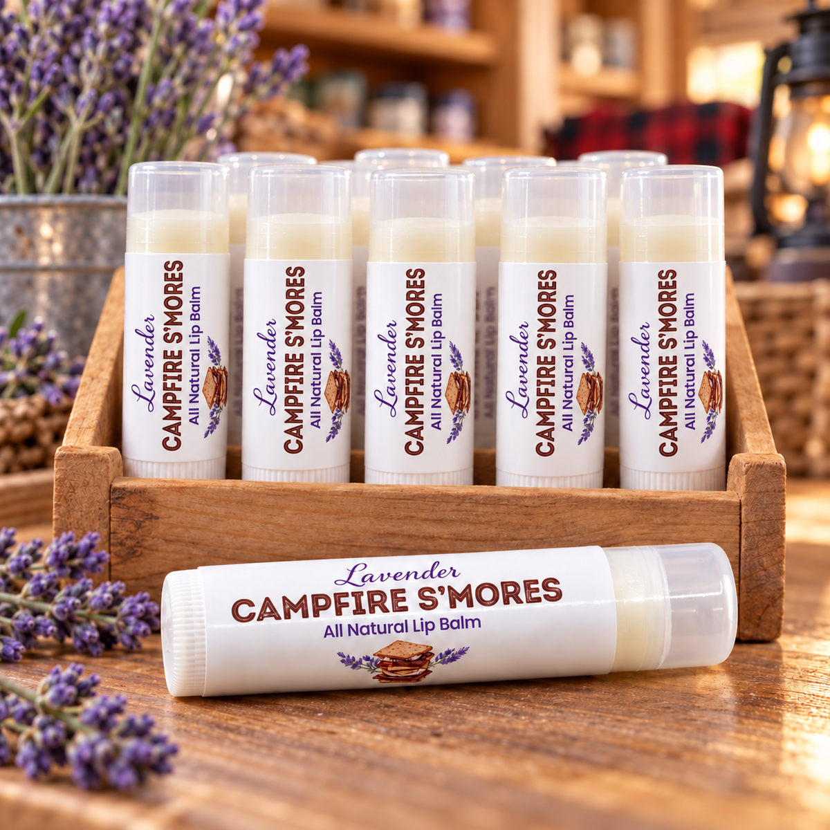 Multiple Lavender Campfire S'mores Lip Balm tubes arranged in a wooden display box with lavender flowers on a wooden table.