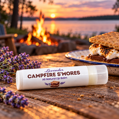 Lavender Campfire S'mores Lip Balm tube on a wooden table with lavender sprigs and campfire with s'mores at sunset in the bac