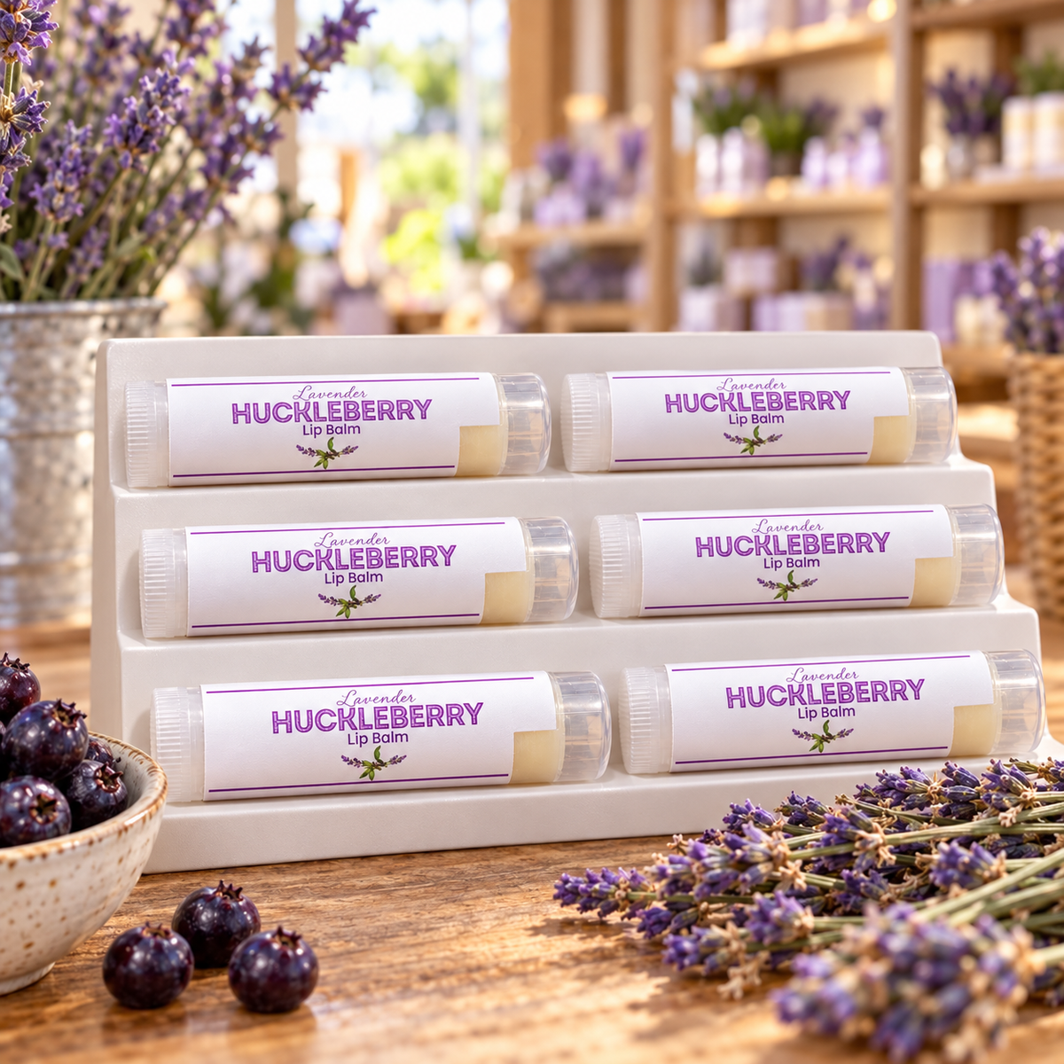 Six Lavender Huckleberry Lip Balm tubes displayed on a white stand with lavender bouquets and huckleberries on a wooden table