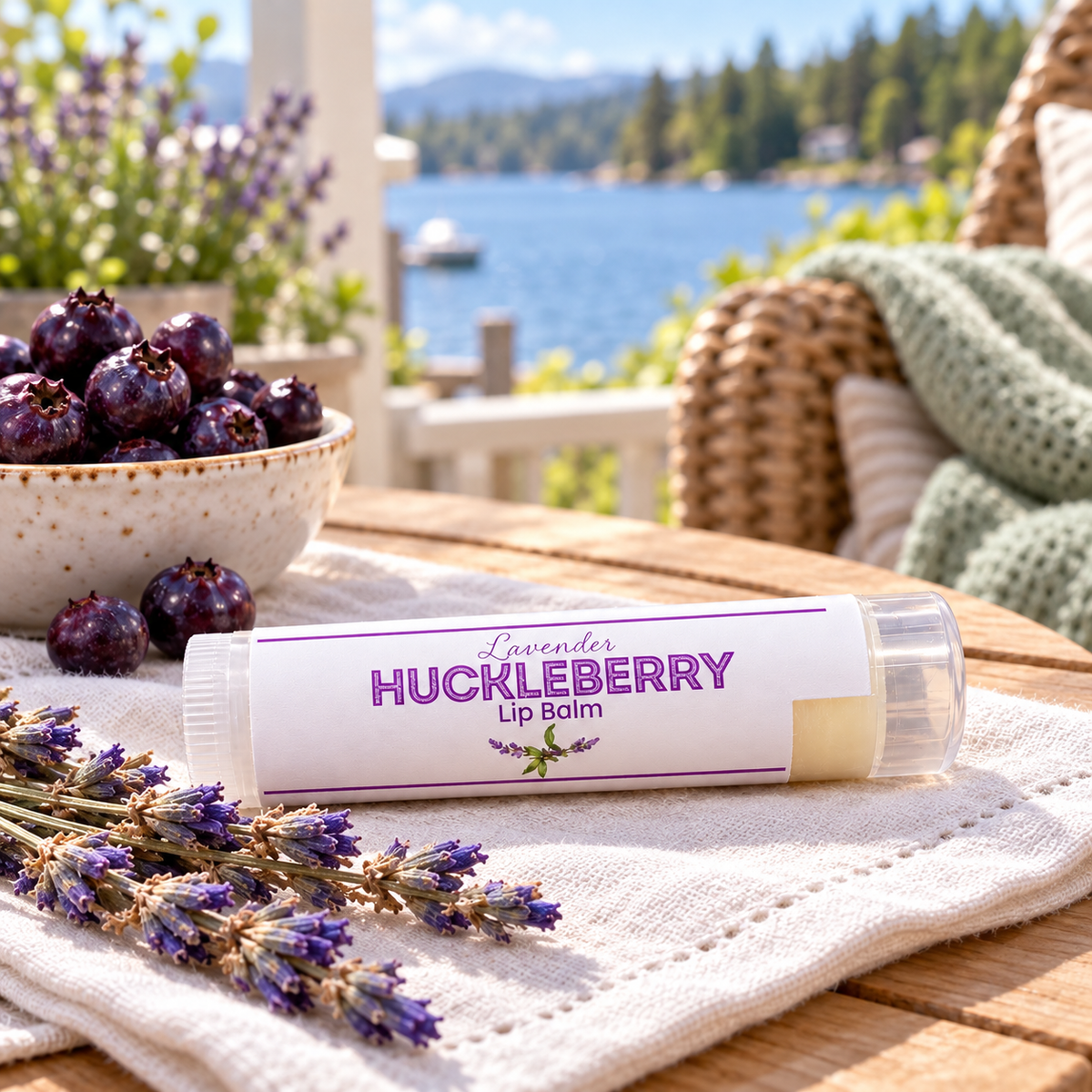 Lavender Huckleberry Lip Balm lying on a cloth next to lavender sprigs and a bowl of huckleberries on a wooden table.