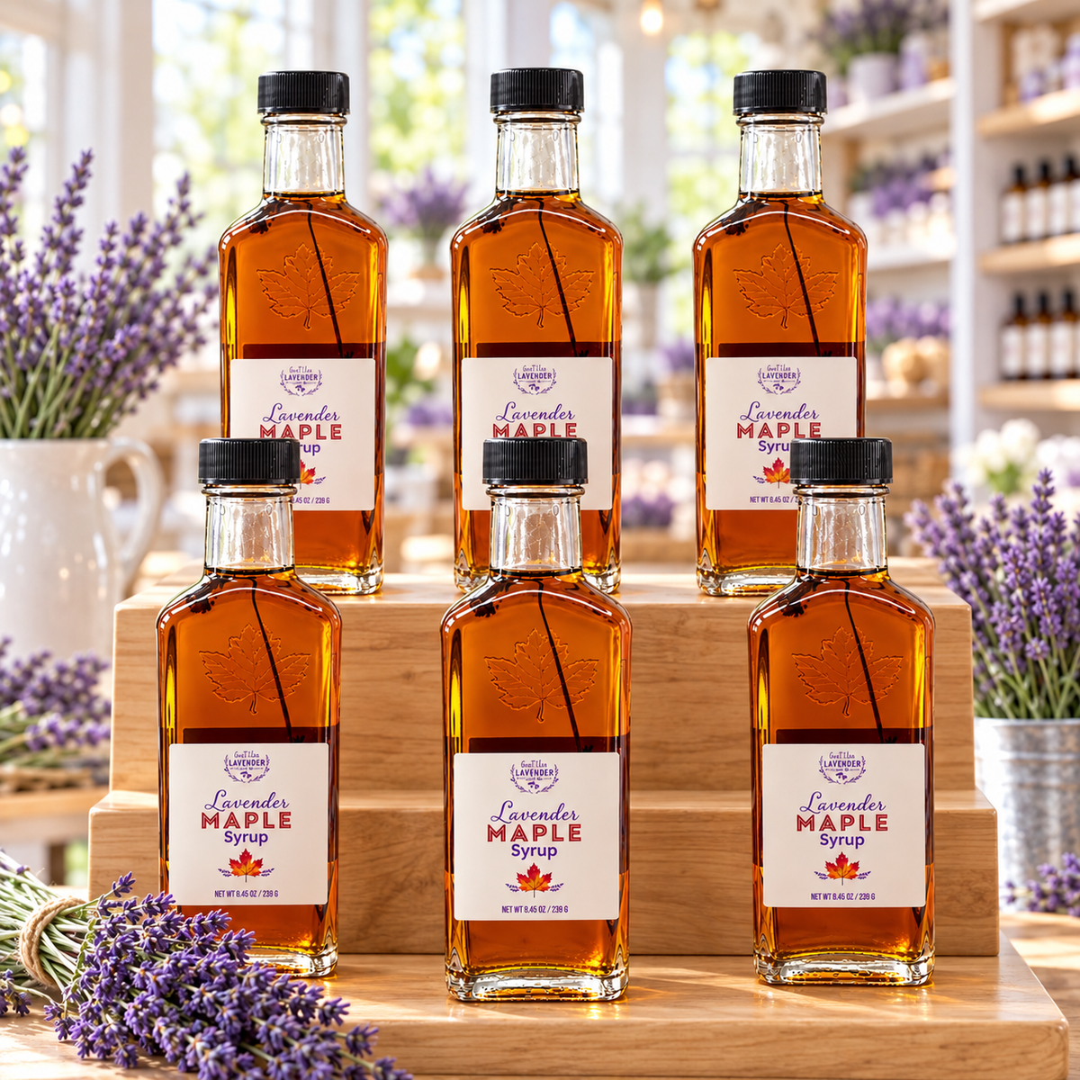 Six bottles of Lavender Maple Syrup on a tiered wooden display with lavender in a shop