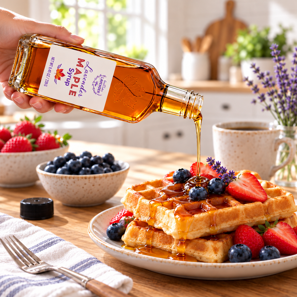 Hand pouring Lavender Maple Syrup over waffles topped with strawberries and blueberries