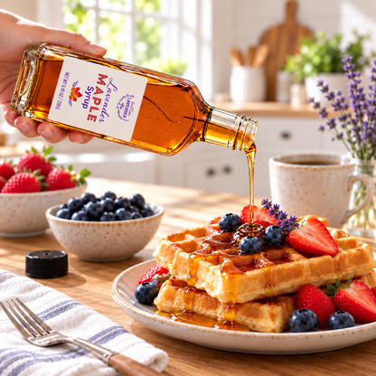 Hand pouring Lavender Maple Syrup over waffles topped with strawberries and blueberries