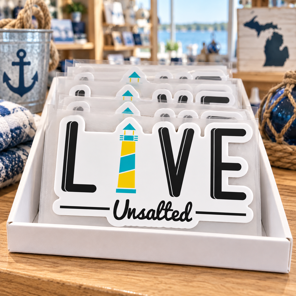 LIVE Unsalted Stickers in a white display box on a shop counter with nautical decor