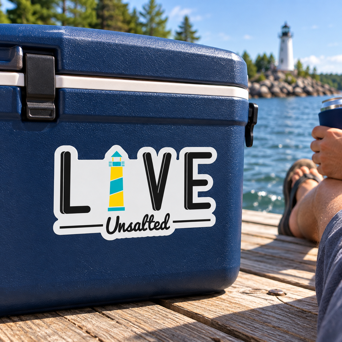 LIVE Unsalted Sticker on a navy cooler on a dock with a lighthouse across the water