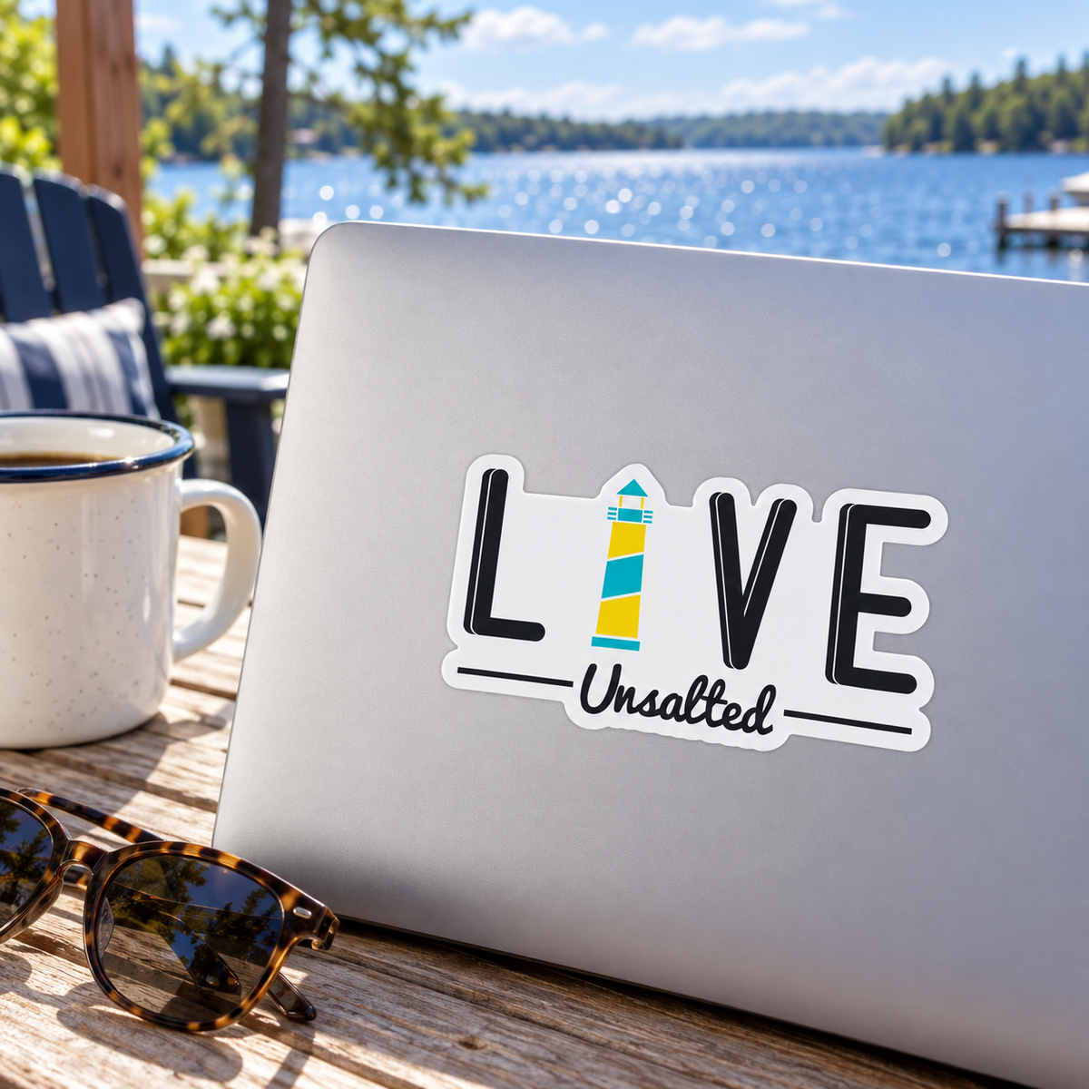 LIVE Unsalted Sticker on a laptop lid on a lakeside deck beside a coffee mug and sunglasses