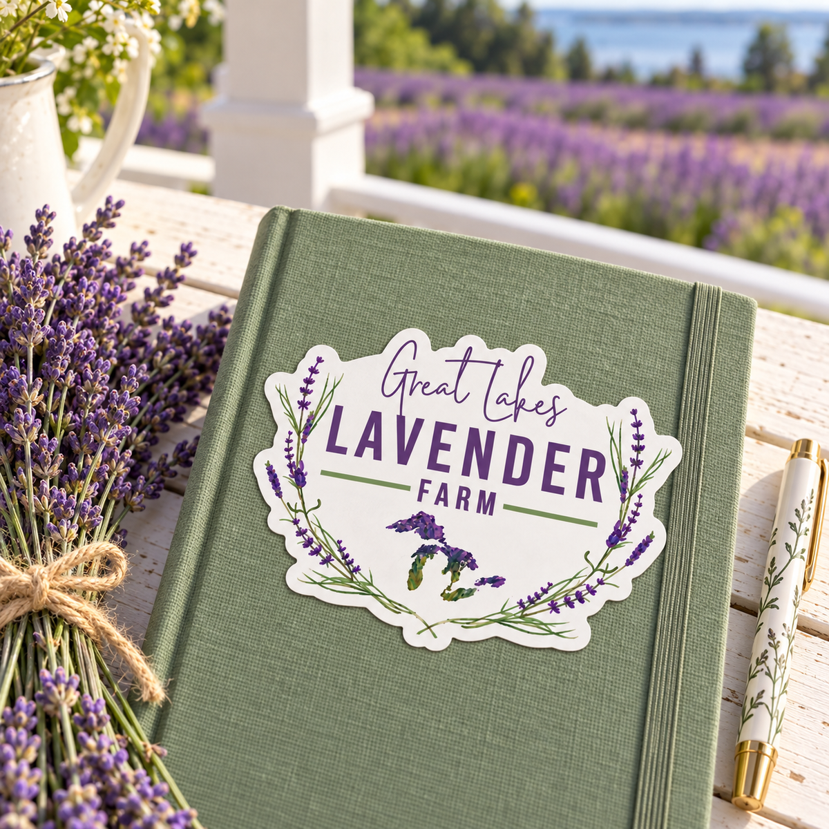 Great Lakes Lavender Farm Logo Vinyl Waterproof Sticker on a green notebook with a lavender bundle