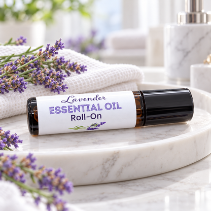 Lavender Essential Oil Roll-On on a marble tray in a bathroom with towels and lavender