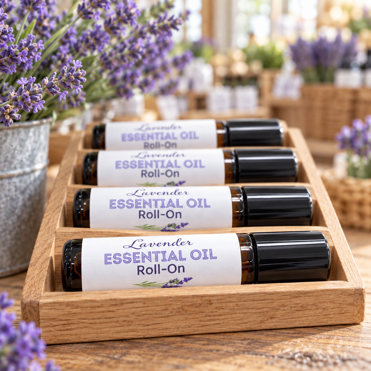 Four Lavender Essential Oil Roll-Ons in a wooden tray on a shop counter with lavender