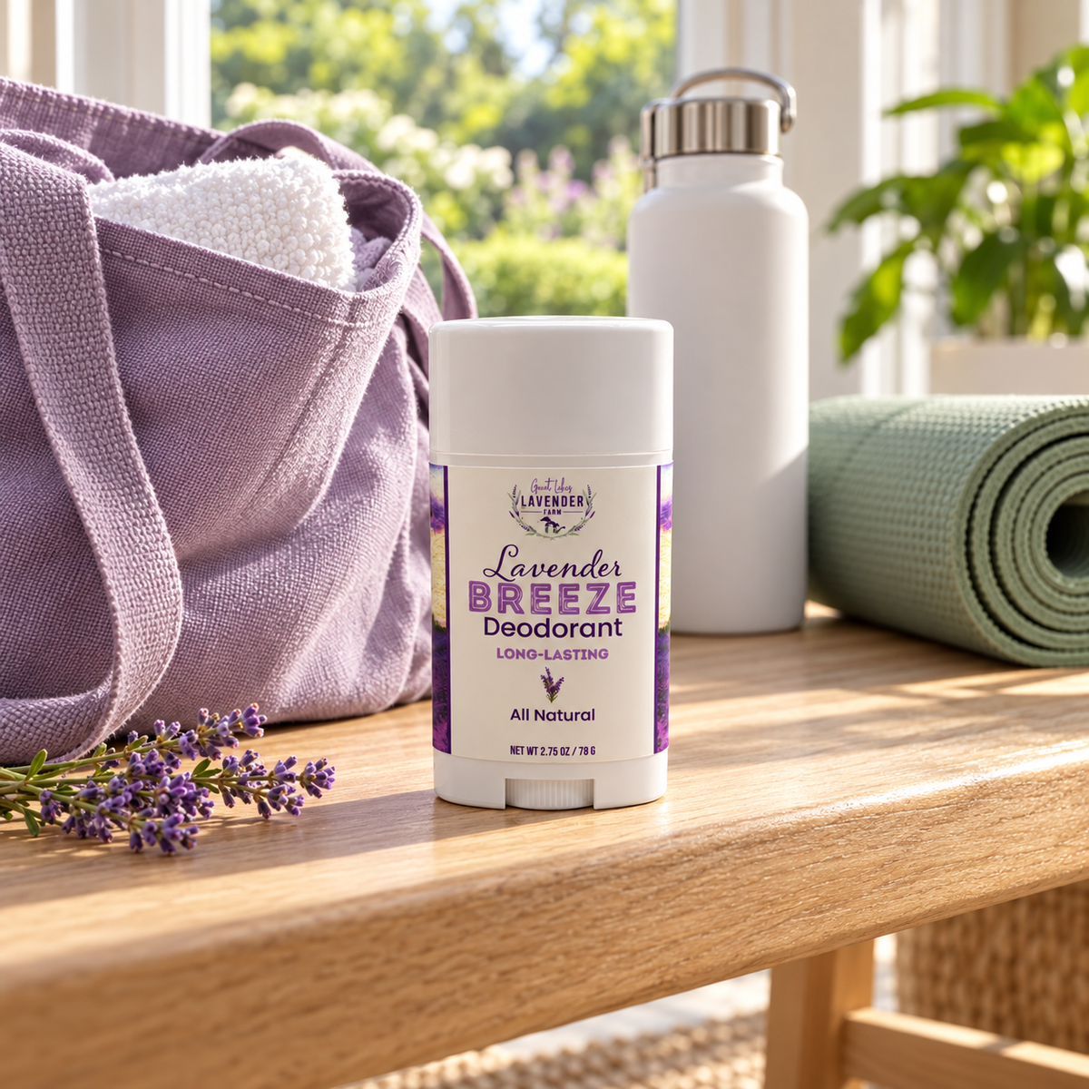 Lavender Breeze Deodorant stick on a bench with a gym bag, water bottle and yoga mat