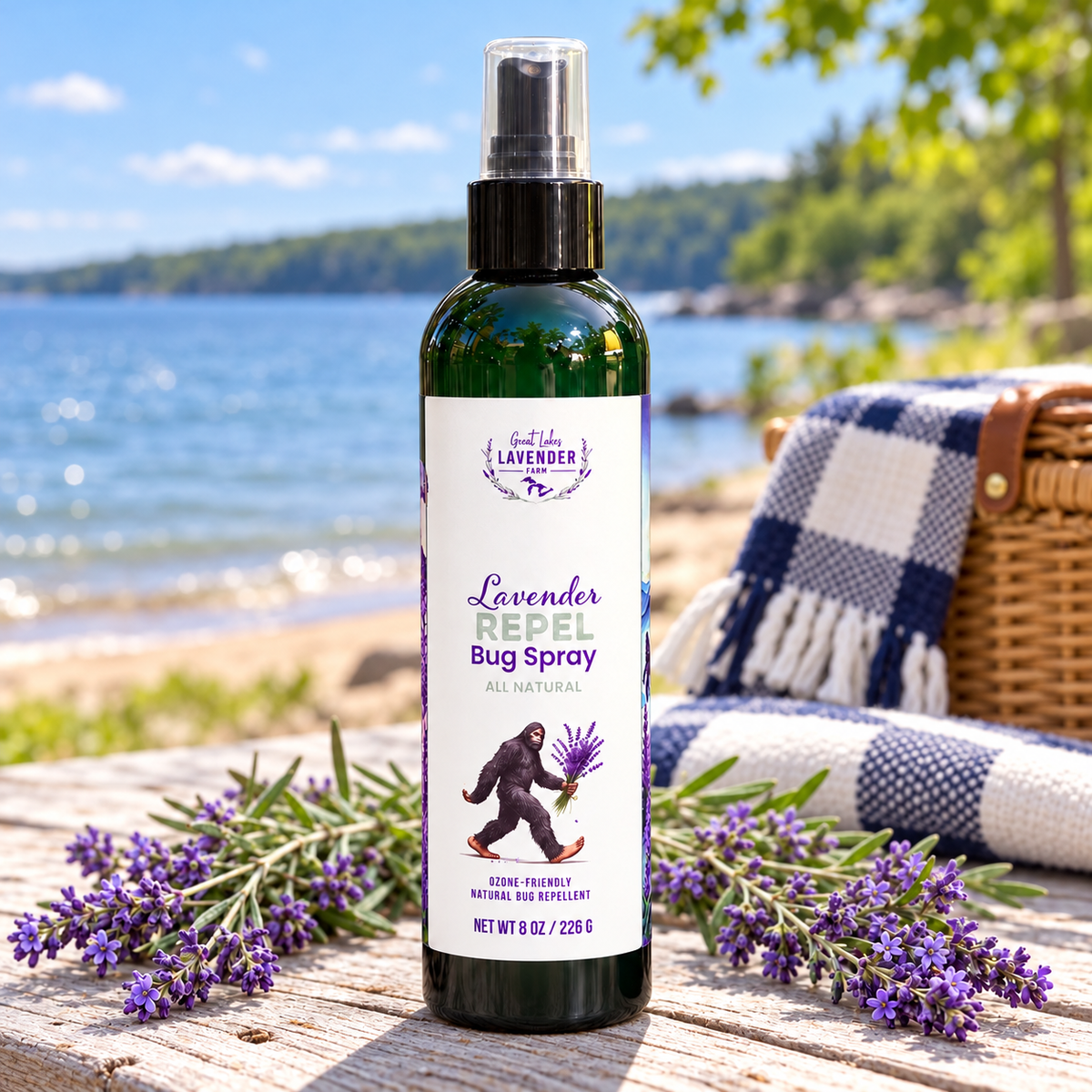 Lavender Repel Bug Spray bottle on a lakeside table with lavender and a plaid picnic blanket