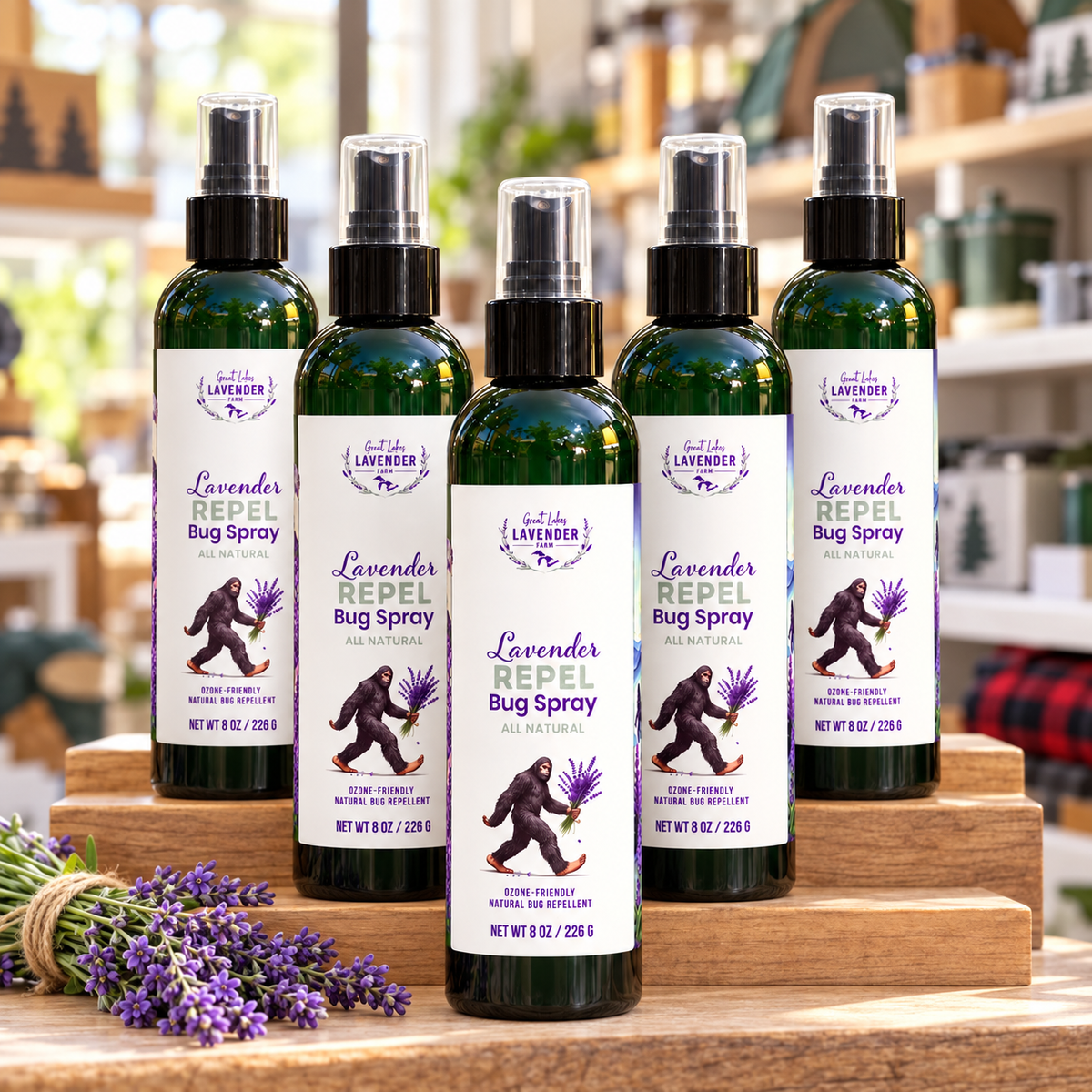 Lavender Repel Bug Spray bottles on a wooden display stand in a lodge-style shop