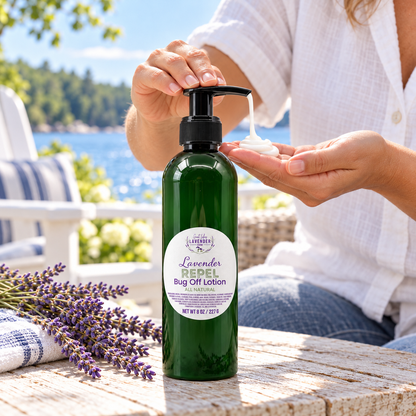 Person pumping Lavender Repel Bug Off Lotion into a hand on a lakeside porch table