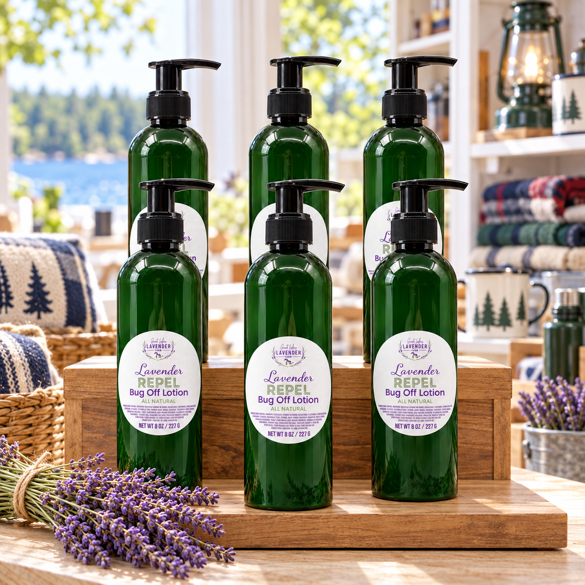 Lavender Repel Bug Off Lotion pump bottles on a wooden display stand in a lakeside shop