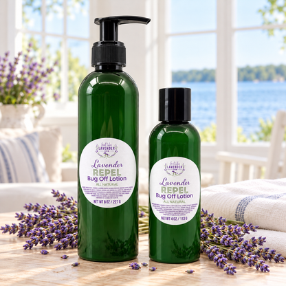 Lavender Repel Bug Off Lotion in 8 oz pump and 4 oz bottles on a porch table with lavender and a lake view
