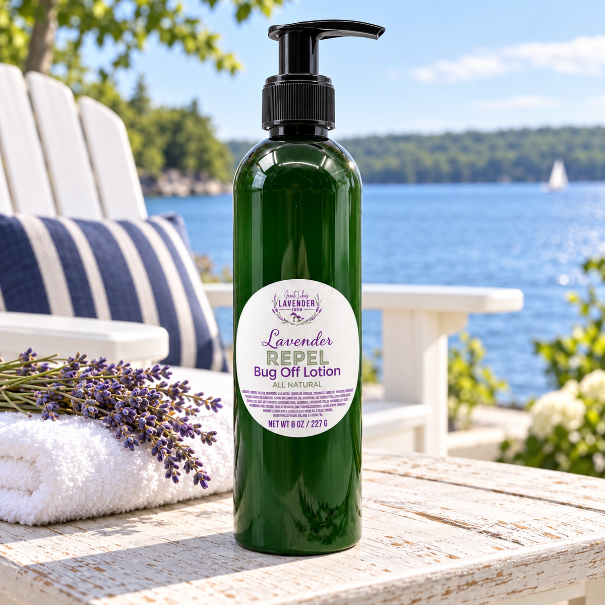 Lavender Repel Bug Off Lotion pump bottle on a weathered table with a lake and sailboat behind