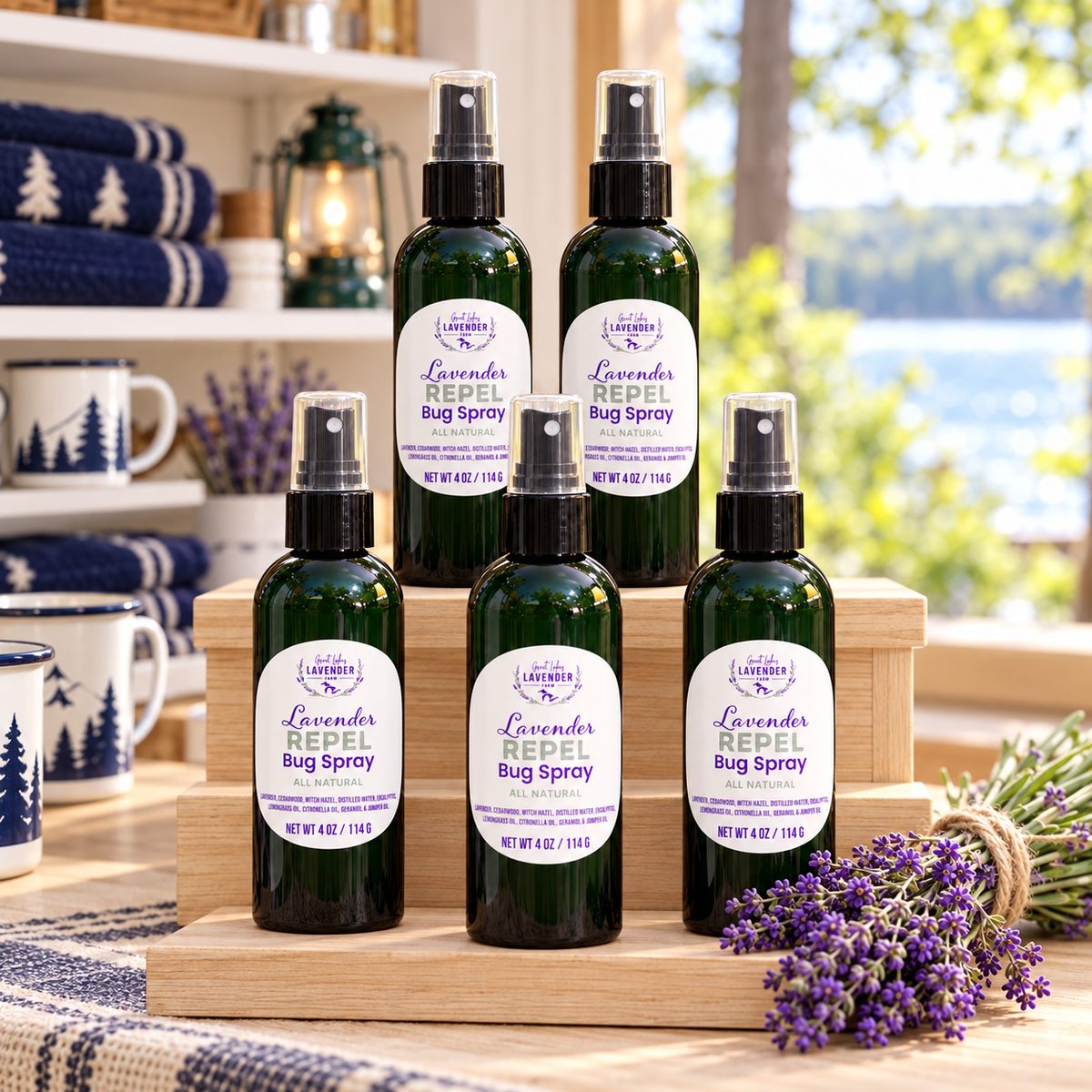 Five bottles of Lavender Repel Bug Spray on a wooden riser with a lantern and camp mugs by a lake