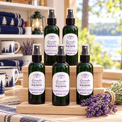 Five bottles of Lavender Repel Bug Spray on a wooden riser with a lantern and camp mugs by a lake
