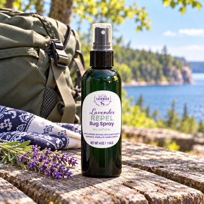 Lavender Repel Bug Spray on a weathered table beside a backpack and blanket with a lake and cliffs behind